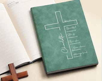Cuaderno de cuero con cruz y nombre personalizado, diario con versículos bíblicos inspiradores, diario de oración A5/A6, diario de gratitud para cristianos.