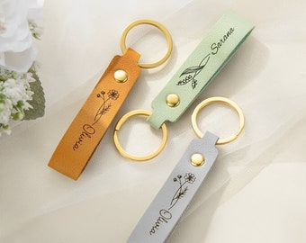 Custom Name Faux Leather Keychain with Birth Flower & Colorful Tag, Personalized Gift for Her, Customizable Accessories