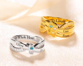 Anillo personalizado con nombre familiar y piedras de nacimiento, regalo de joyería para el Día de la Madre con grabado personalizado, anillos con nombres de varios niños grabados