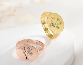 Custom Engraving Signet Ring with Multiple Birth Flowers, Birth Flowers Representing Family Ring, Sentimental Mother/Grandmother Jewelry
