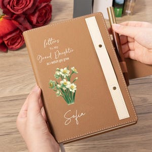 Cuaderno de flores de nacimiento personalizado con bolígrafo de madera, diario de cartas personalizadas para mi nieto/nieta, regalo del Día de la Madre para la abuela.