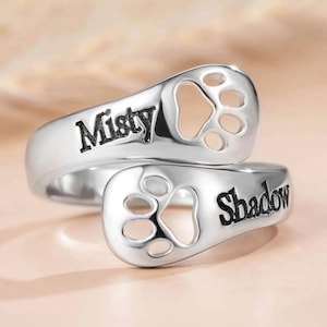 Hundepfote verstellbarer Ring mit individuell graviertem Namen, 925 Sterling Silber Hundepfote Schmuck, personalisierter Namensring für Katzen- / Hundebesitzer