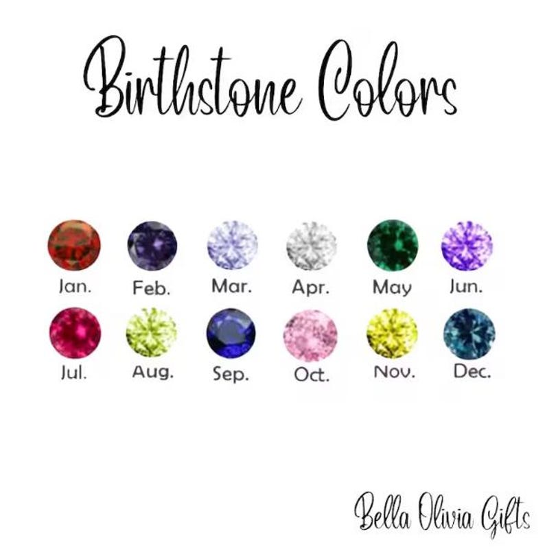 Puede incluir: Un gr&aacute;fico que muestra los colores de las piedras de nacimiento para cada mes del a&ntilde;o. Cada mes est&aacute; representado por una piedra preciosa de diferente color, con el nombre del mes debajo. El texto "Birthstone Colors" est&aacute; en la parte superior y "Bella Olivia Gifts" en la inferior.