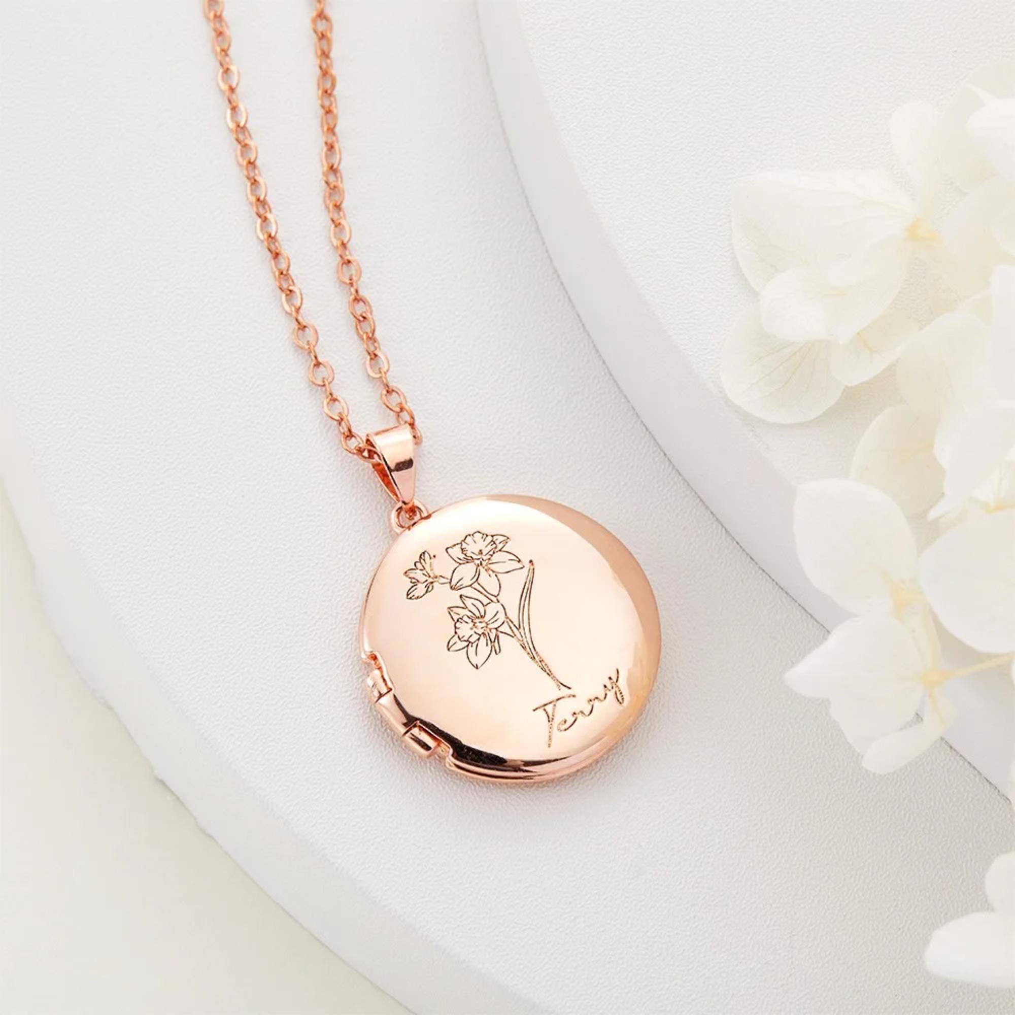 Collier Photo Personnalisable – Pendentif Rond Avec Gravure Nom, Date Et Fleur De Naissance, Cadeau émotion Pour Femme