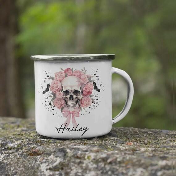 Personalized Name Halloween Floral Skull Enamel Mug, 11oz Halloween Camping Mug, Halloween Gift for Girls, Girly Gothic Halloween Mug