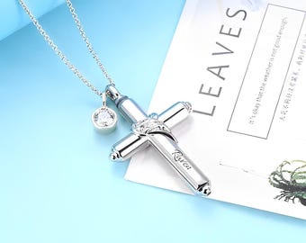 Custom Engraved Cross Urn Necklace in Sterling Silver, Cross Shaped Urn Necklace for Cremation Ashes, Memorial Keepsake Cremation Jewelry