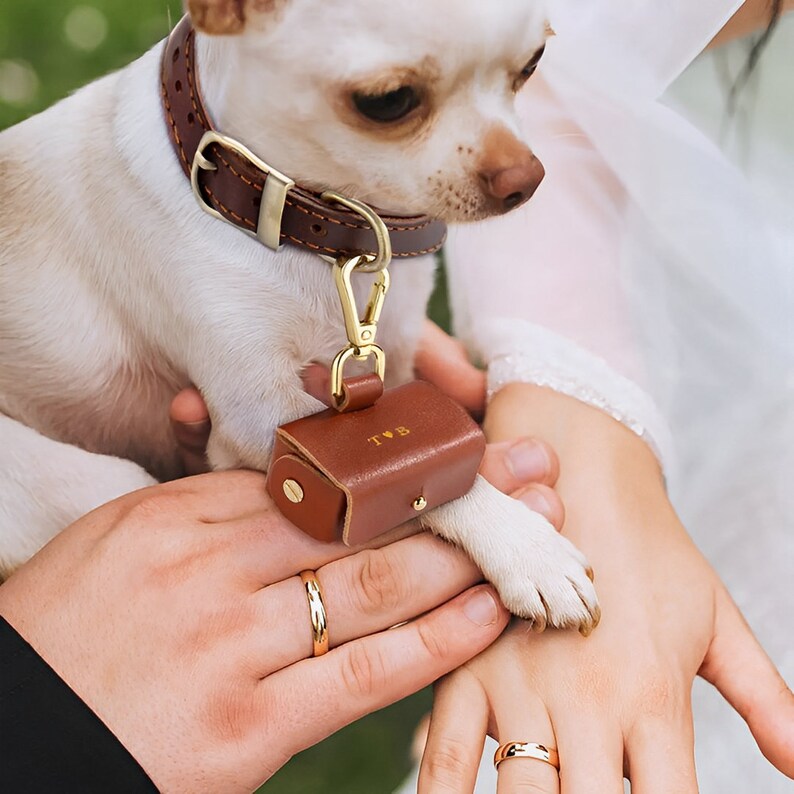 Wedding Ring Bearer Pouch for Dogs with Custom Initial, Leather Wedding Ring Box/Ring Holder for Dogs, Dog Ring Bearer Collar Attachment image 2