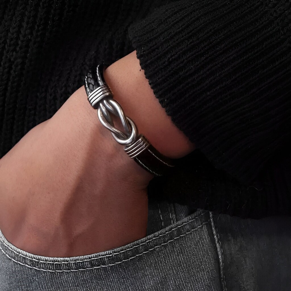 INFINIONLY Bracciale Uomo In Pelle Intrecciata Con Simbolo Infinito In Acciaio - Nero E Argento, 21 Cm