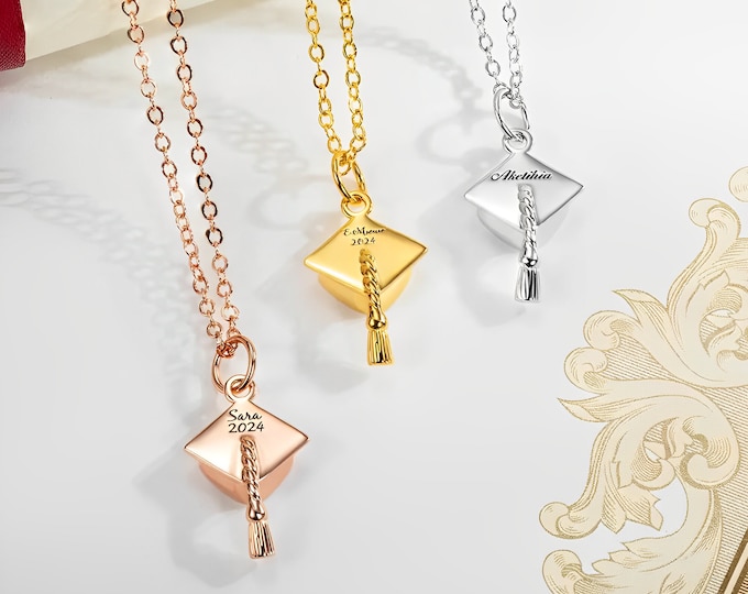 Custom Engraving Graduation Cap Charm Necklace, 925 Sterling Silver Pendant, Unique Women's Jewelry Gift for Graduates