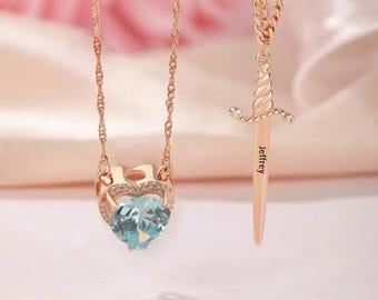Heart & Sword Necklace Set, Custom Jewelry Set for Couples, Heart-shaped Birthstone Pendant, Gothic Jewelry Gifts, Wife/Husband/Couples Gift