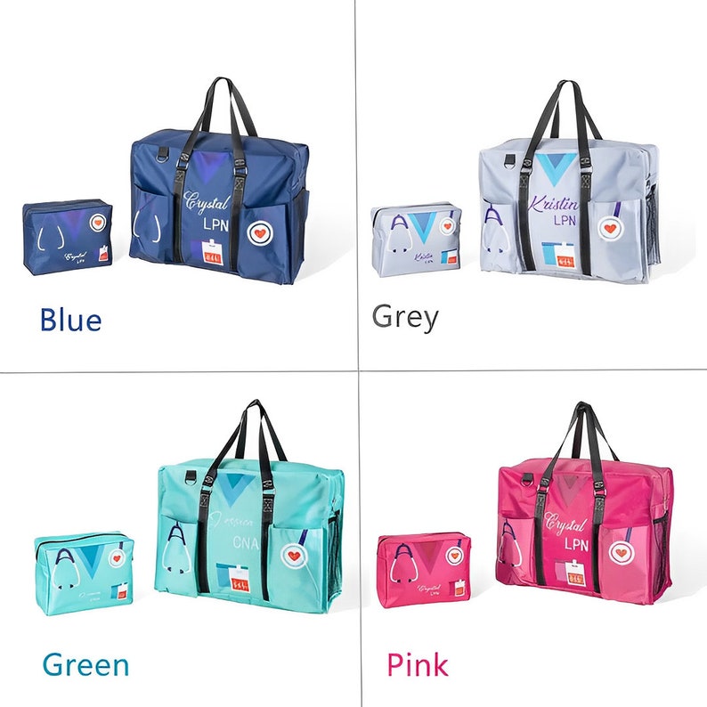 May include: Four different colored travel bags with a personalized design. The bags are blue, grey, green, and pink. Each bag has a stethoscope, a heart, and the text "Crystal LPN" or "Kristin LPN".