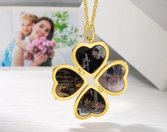 Custom Heart Locket Necklace with 4 Photos, Initial Folding Four Leaf Clover Design, Personalized Love Gift for Her