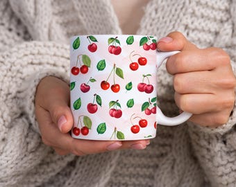 Watercolor Cherry Print 11oz Ceramic Mug | Spring/Summer Gift for Cherries Enthusiasts | Unique Drinkware