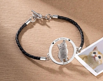 Personalisiertes Tierportrait Armband mit Gravur, Edelstahl Hunde/Katzen Portrait Armband, personalisiertes Geschenk für Tierbesitzer/Tier gedenkschmuck