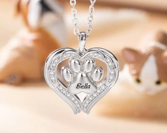 Pet Paw Necklace in 925 Sterling Silver Custom Name Heart