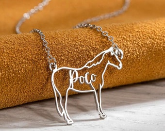 925スターリングシルバー/18Kゴールドメッキのパーソナライズされた馬の品種名ネックレス、線画馬ネックレス、乗馬/乗馬ギフト
