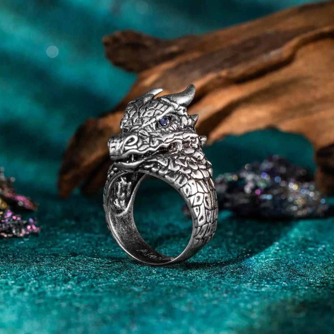 Bague Punk Dragon Réglable Unisexe - Bijou Émail Bleu Pour Homme Et Femme