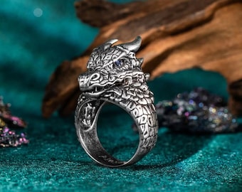 Gothic Dragon Birthstone Ring for Men With Custom Inside Engraving