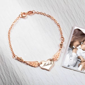 Mommy of An Angel Bracelet w/Custom Name, 925 Sterling Silver/18k Gold Plated Angel Wings Bracelet, Personalized Memorial Jewelry for Moms