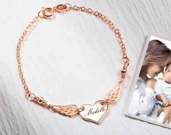 Pulsera de ángel con nombre personalizado, pulsera de alas de ángel chapada en oro de 18 k y plata de ley 925, joyería conmemorativa personalizada para mamás