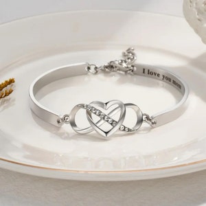Bracelet jonc infini et coeur avec gravure personnalisée + carte de message, bracelet « Créez votre propre carte de message », cadeau pour fille/soeur