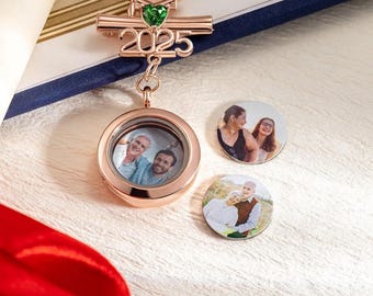 Personalized Graduation Lapel Pin with Photo & Birthstone, Custom Graduation Cap Memorial Photo Brooch, Class of 2025 Gift for Graduates