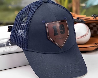 Personalized Player Number Baseball Hat, Custom Leather Patch Baseball Player Number Hat, Baseball/Softball Unisex Cap, Baseball Team Gifts