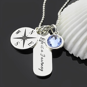Compass Bar Necklace with Custom Birthstone & Engraving, 925 Sterling Silver Compass Birthstone Pendant Necklace, Explorer/Sailor Jewerly