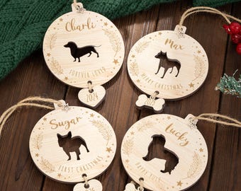 Custom Dog Silhouette Wooden Ornament with Name, Christmas Tree Hanging Decor, Dog's First Christmas Gift, Dog Lover Holiday Decoration
