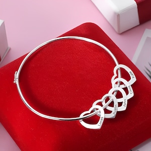 Custom Name Engraved Heart Charms Bangle Bracelet | Personalize for Mom/Grandma | Unique Gift Idea for Her
