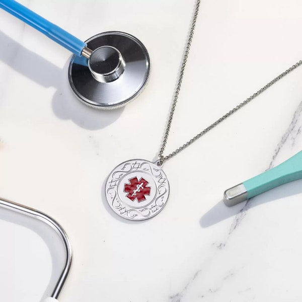 Aangepaste medische waarschuwingsketting van roestvrij staal, gegraveerde medische ID-medische hanger voor mannen/vrouwen, uniseks medische ID-ketting