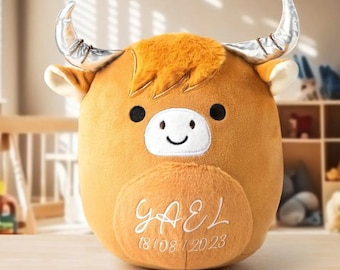 Custom Name + Date Highland Cow Plush Toy, Cute Personalized Cow Cuddly Toy, Highland Cow Bedroom Decor for Children, New Born Gift