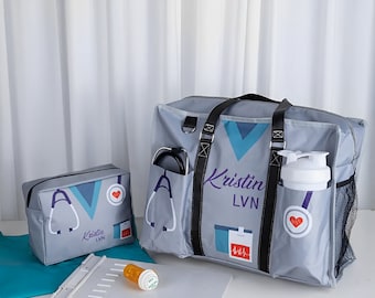 Grey Nurse Bag Set with Custom Name, Canvas Large Nursing Zip Up Bag, School Nurse Travel Bag, Nurse Appreciation/Graduation Gift