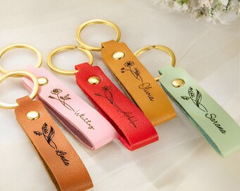 Aangepaste naam kunstleer sleutelhanger met geboortebloem, kleurrijke kunstleer tag sleutelhanger, leuk cadeau voor haar/cadeau bruidsmeisje/feestje tas cadeau