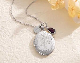 Custom Locket Necklace with Birth Flower & Birthstone, Personalized Photo Necklace for Women, Floral Jewelry Pendant for Mom
