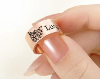 Tierportrait + Name eingravierter Ring in 925 Sterlingsilber, personalisierte Tierportrait-Halskette für Haustier-Gedenkstätte / Feier, Geschenk für Tierbesitzer