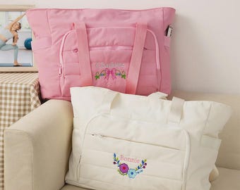 Personalized Floral Quilted Duffle Bag, Custom Embroidered Cotton Weekender Bag, Large Travel Accessory Gift for Women or Girls, Luggage Bag