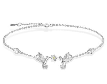 Hummingbirds Feeding on Flowers Anklet in 925 Sterling Silver, Dainty Hummingbird Jewelry, Delicate Anklet Gift for Girlfriend/Mom/Wife