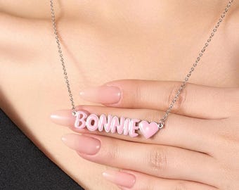 Collar con nombre y colgante de corazón de burbuja de esmalte personalizado, joyería con letras de burbuja coloridas en 3D, collar con nombre colorido para ella, regalo para mejor amiga