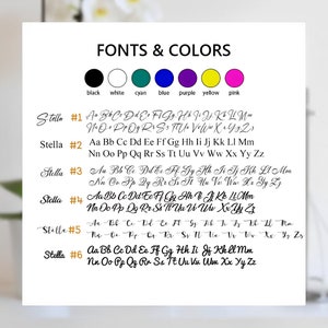 May include: A chart with six different font styles for the name "Stella" in black ink. The chart is labeled "Fonts & Colors" and includes color swatches for black, white, cyan, blue, purple, yellow, and pink.