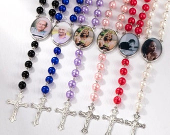 Rosary Beads Necklace | Personalized Photo & Christian Cross | Custom Memorial Gift for Catholics | Unique Keepsake Jewelry