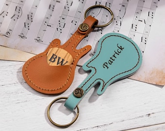 Custom Name Guitar Leather Keyring/Guitar Pick Holder, Custom Engraved Guitar Pick in Guitar Shaped Leather Keyring, Gift for Guitarist