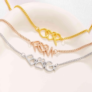 Custom Double Interlocking Letters Bracelet with Heart or Paw Print | Friendship Jewelry Gift