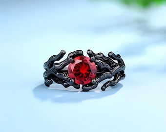 Branch Design Bague de pierre de naissance plaquée noire en argent sterling 925, bague gothique unique en branche d’arbre noir, idées cadeaux de bijoux gothiques