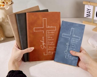 Cuaderno de cuero con cruz y nombre personalizado, diario con versículos bíblicos inspiradores, diario de oración A5/A6, diario de gratitud para cristianos.