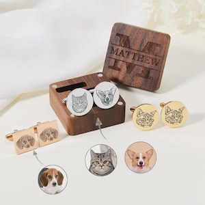 Custom Pet Portrait Cufflinks with Box - Personalized Engraved Square or Round Pet Lover Cufflinks, Wedding Pet Themed Keepsake Gift
