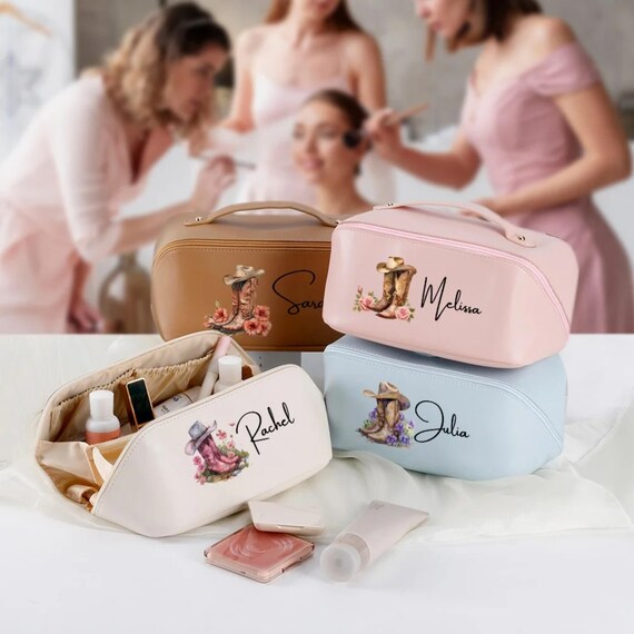 boots travel makeup bag Custom Name Birth Flower Cowgirl Boots Leather Travel Makeup Bag | Wide  Open Zipper Cosmetic Bag With Handle | Cowgirl Boots Cute Washbag
