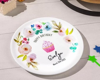 Happy Birthday Plate with Cutom Name & Date, Ceramic Pastel Floral Cake Dessert Plate, Personalized Girl's Birthday/Theme Party Plate Gift