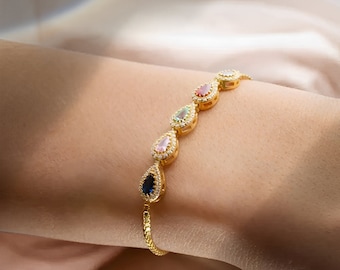 Pulsera familiar con 1 a 10 piedras de nacimiento, plata de ley 925, ajustable, con forma de gota, para abuela/mamá, ideal para el Día de la Madre.