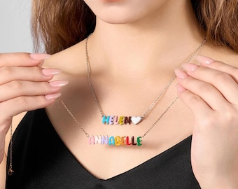 Collar con nombre y colgante de corazón de burbuja de esmalte personalizado, joyería con letras de burbuja coloridas en 3D, collar con nombre colorido para ella, regalo para mejor amiga